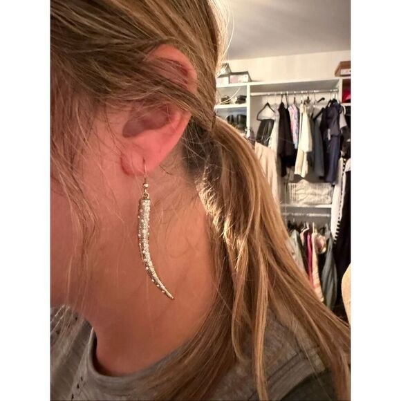 Silver horn long dangle earrings w/faux diamonds - Picture 3 of 3